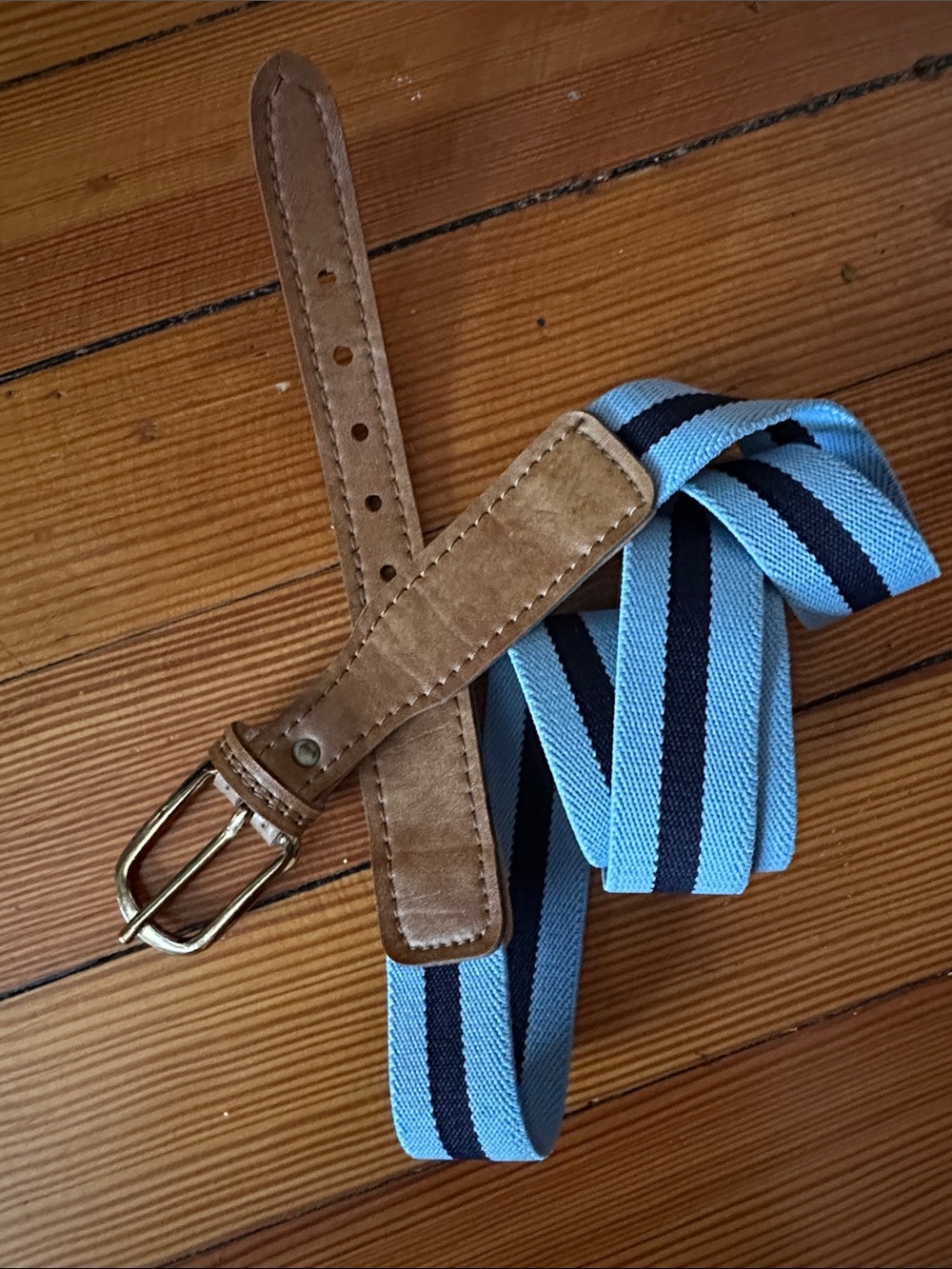 Leather and gold buckle Light Blue/Navy Striped Elastic Belt